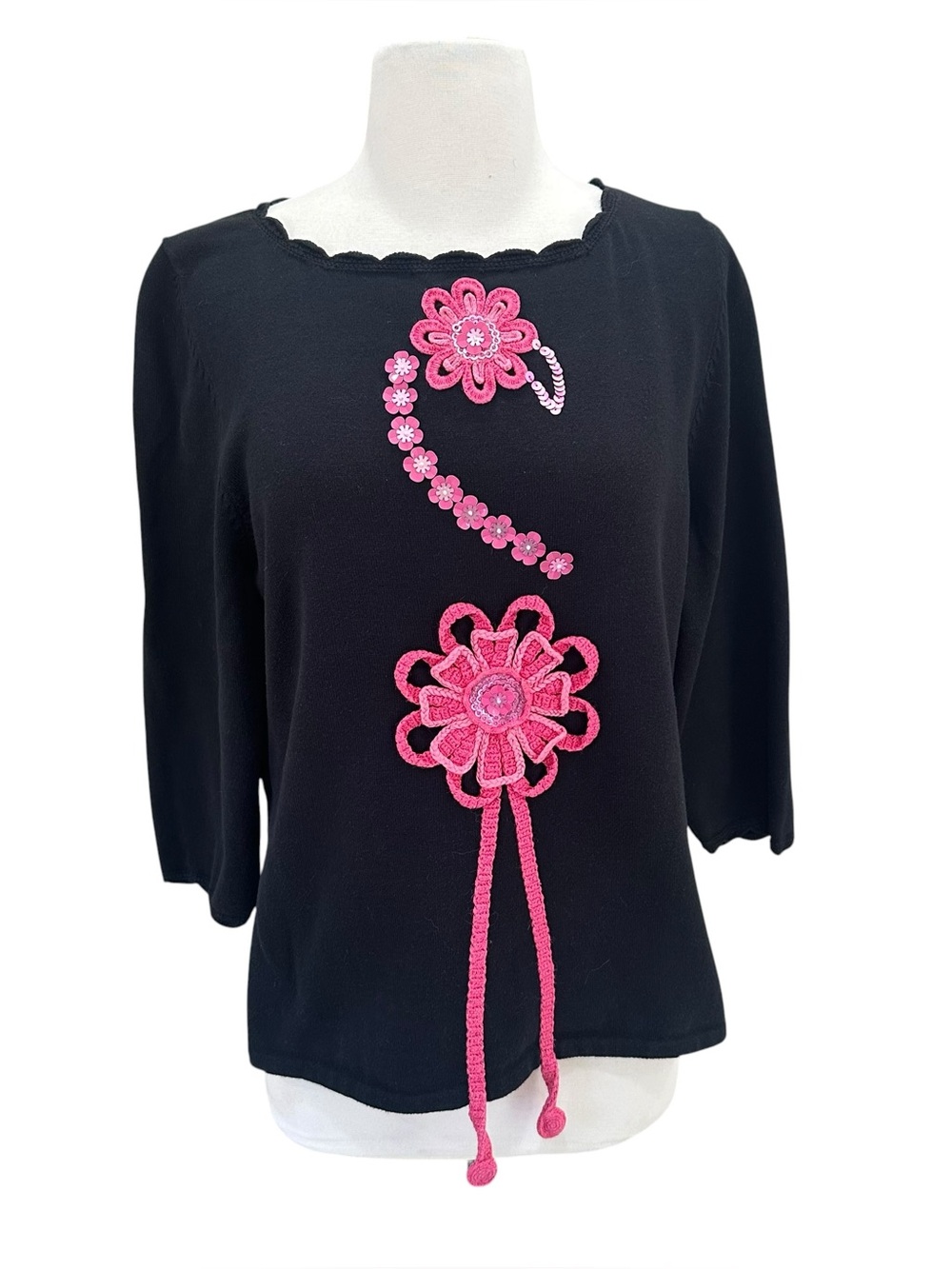 Michael Simon Flamingo Crochet Flower Pullover 3/4 Sleeve Sweater Sequins XLarge